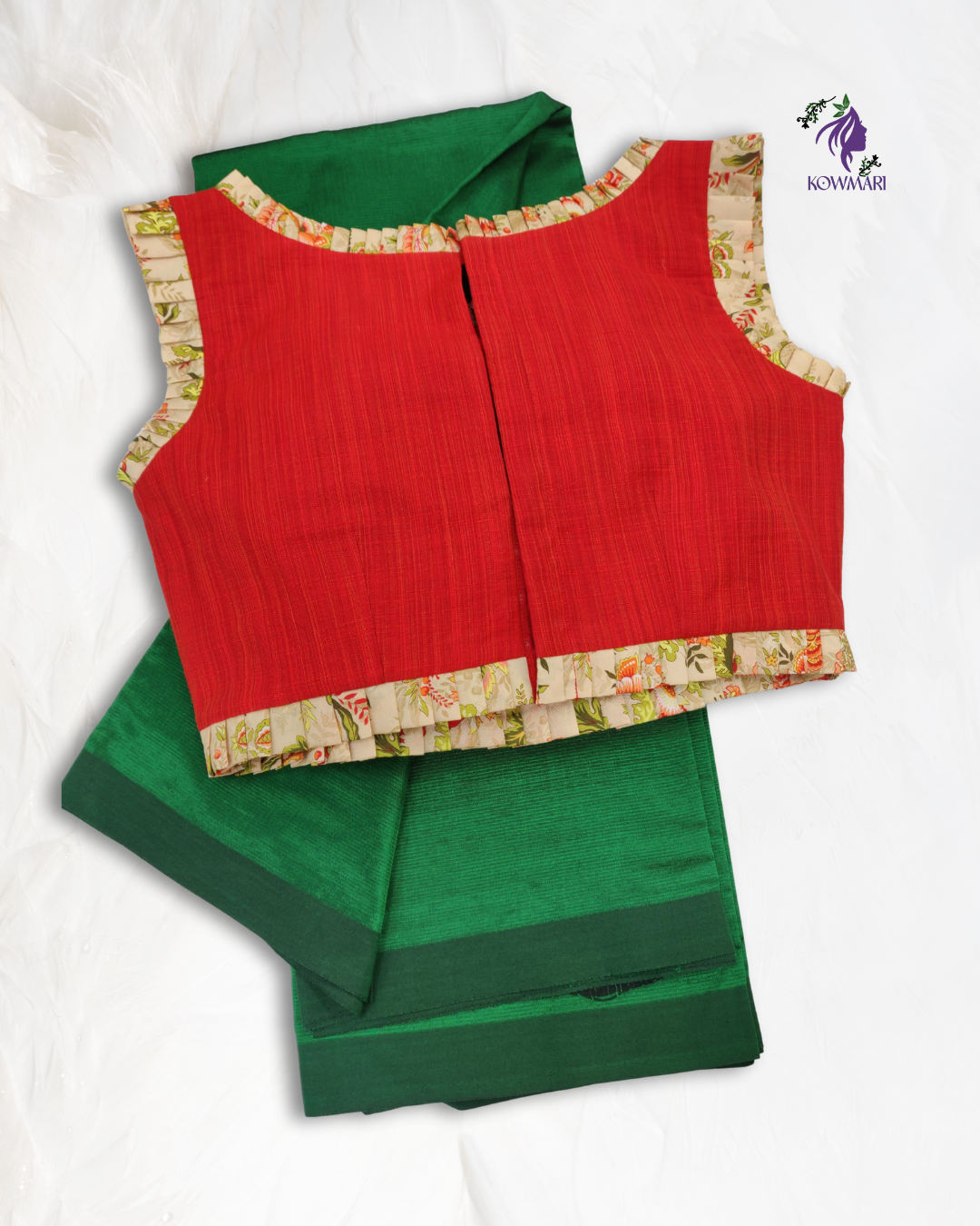 Orange Ruffle Blouse with Mangalagiri Pattu Saree