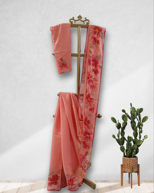 Coral Pink Chiffon Saree with Handpainted Florals & Banana Fabric Blouse