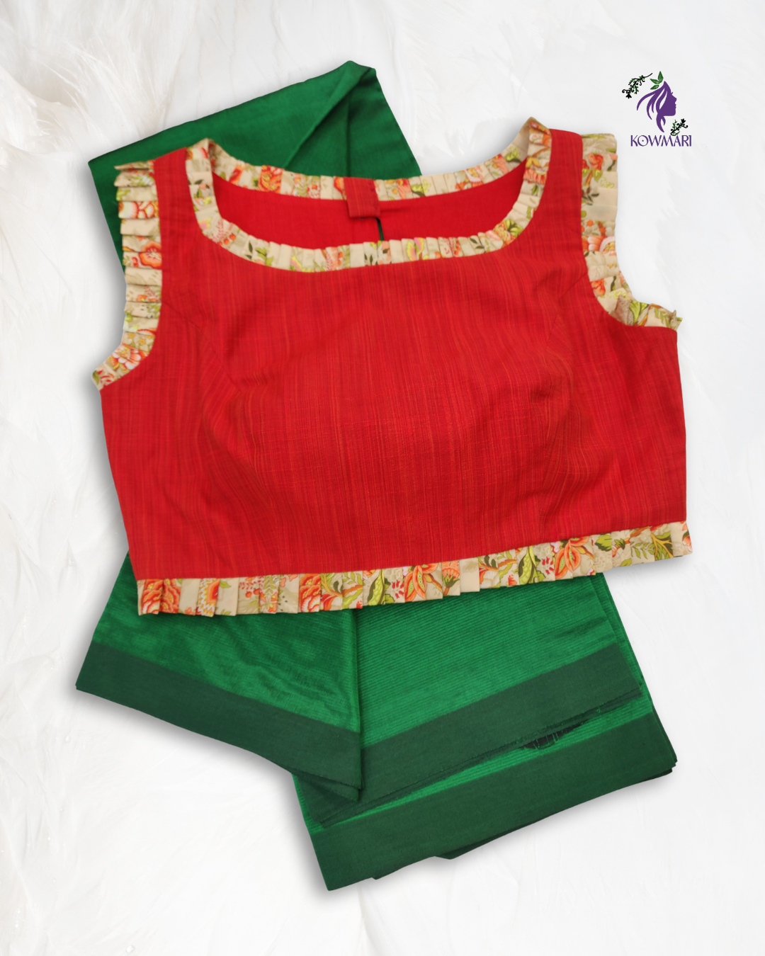 Orange Ruffle Blouse with Mangalagiri Pattu Saree