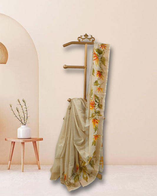 Cream Matka Silk Saree with Handpainted Floral Border