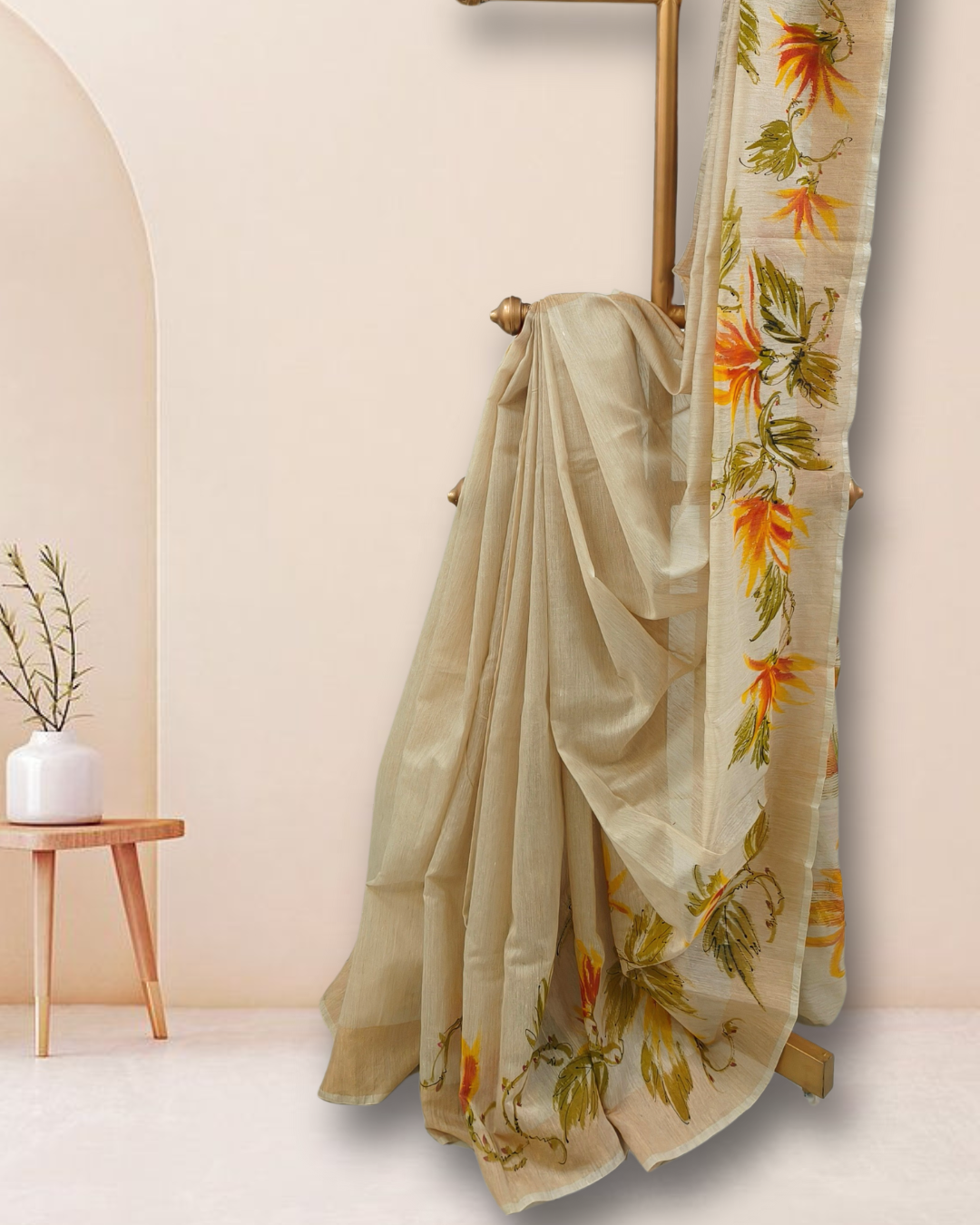 Cream Matka Silk Saree with Handpainted Floral Border