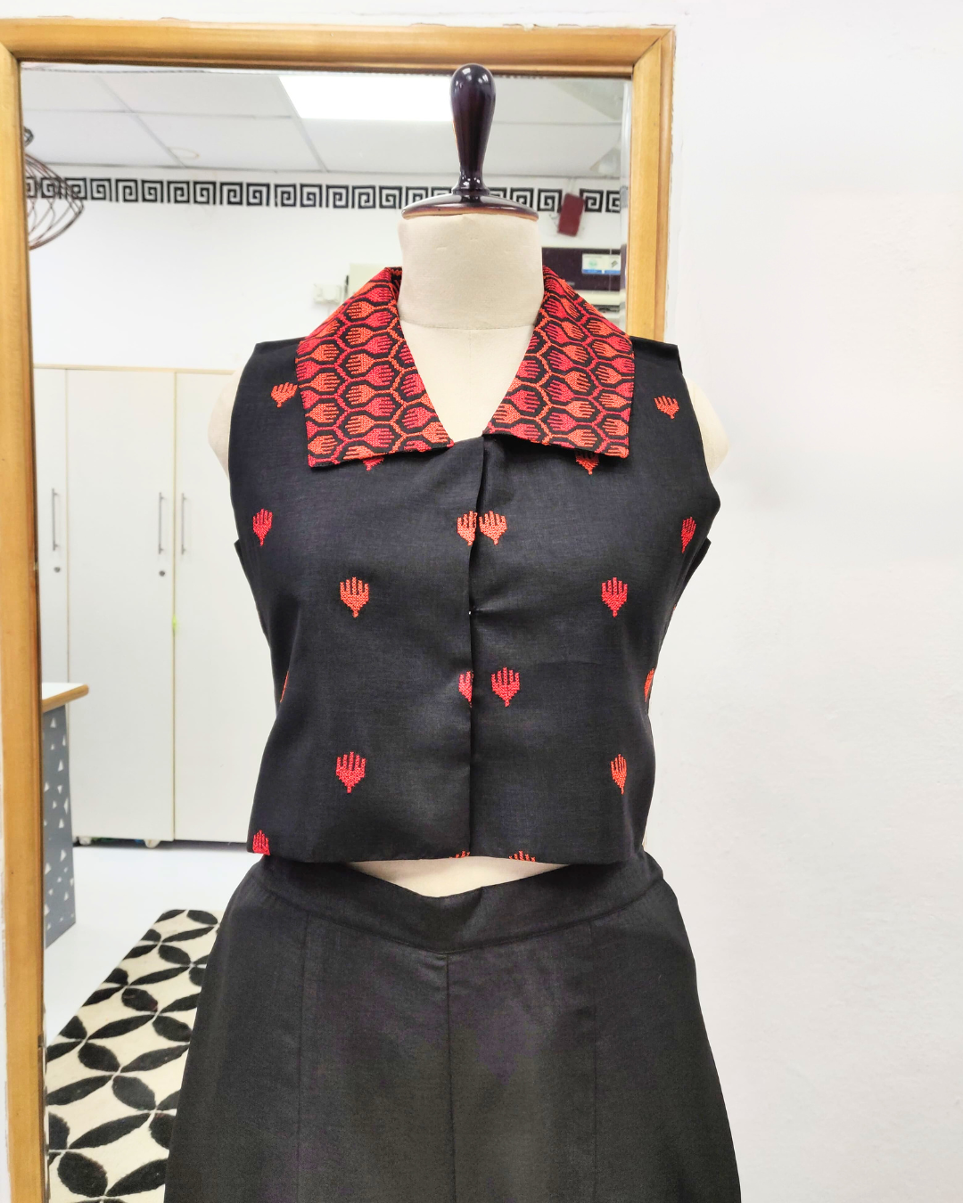 Black  Red Kutch Work Co-ord Set – Vest Coat & Wide-Leg Bottoms