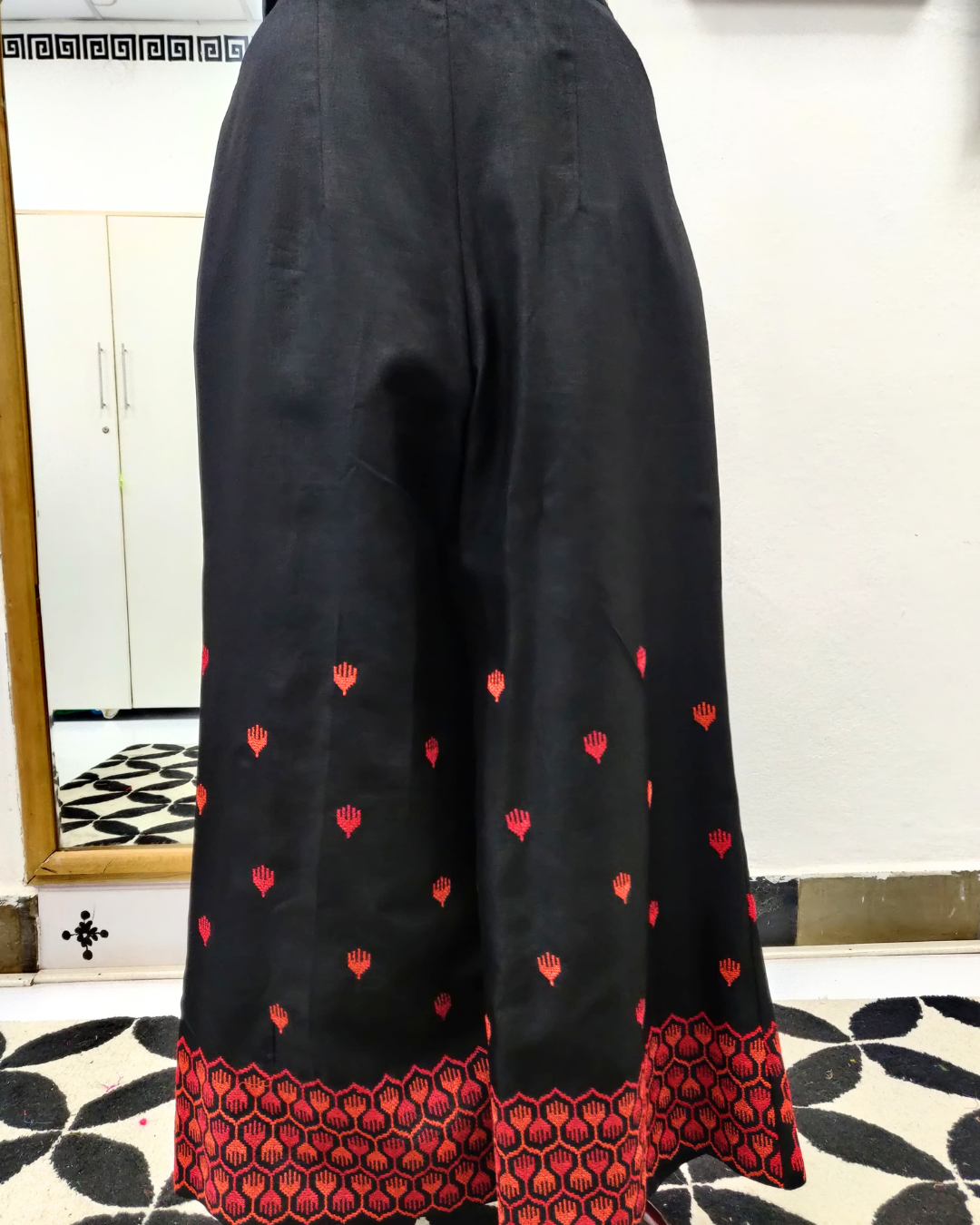 Black  Red Kutch Work Co-ord Set – Vest Coat & Wide-Leg Bottoms