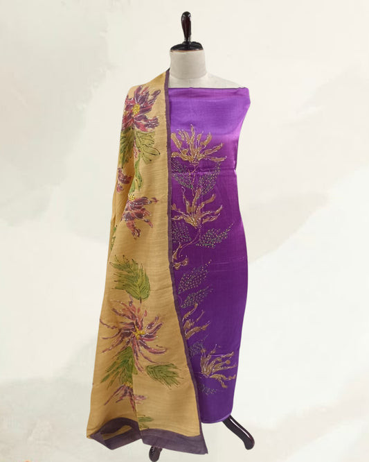 Hand-Painted Satin Crepe Dress Material Set with Tussar Silk Dupatta – Purple &amp; Mustard Floral Design