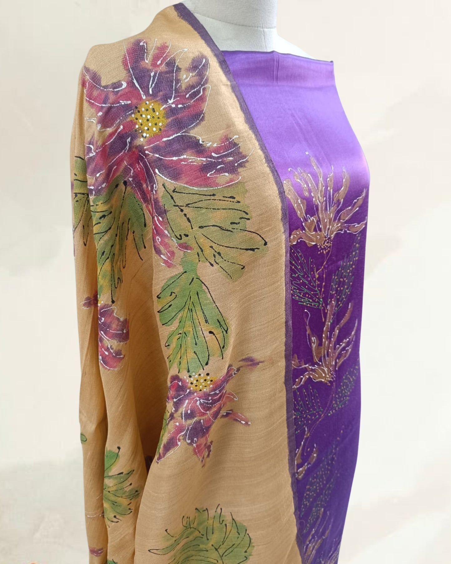 Hand-Painted Satin Crepe Dress Material Set with Tussar Silk Dupatta – Purple &amp; Mustard Floral Design