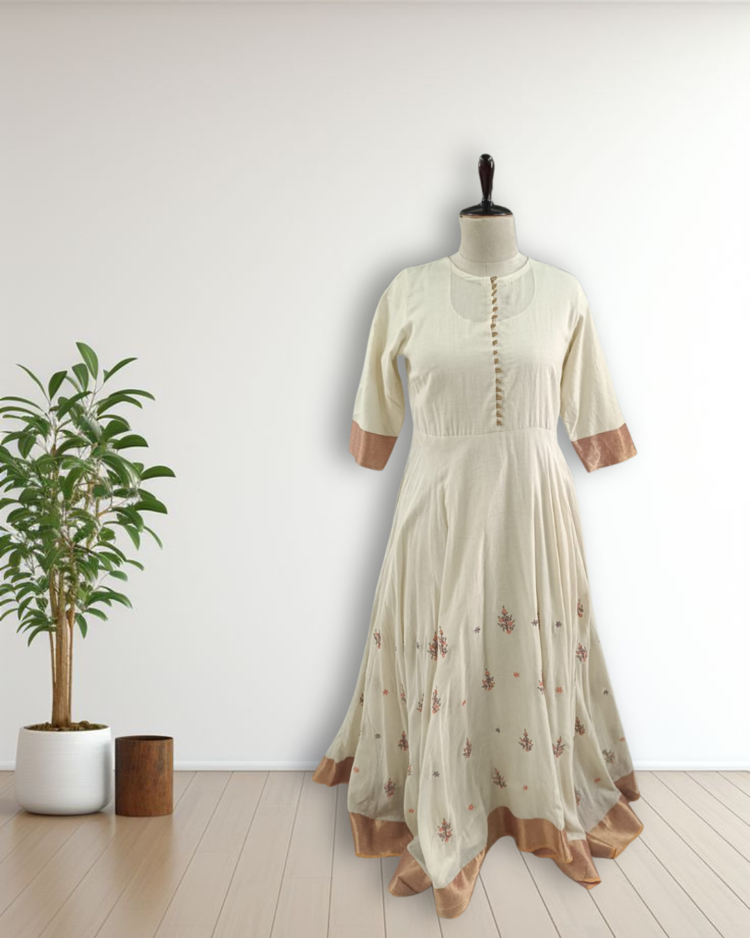 Ivory Pochampally Anarkali Dress with Machine Embroidery