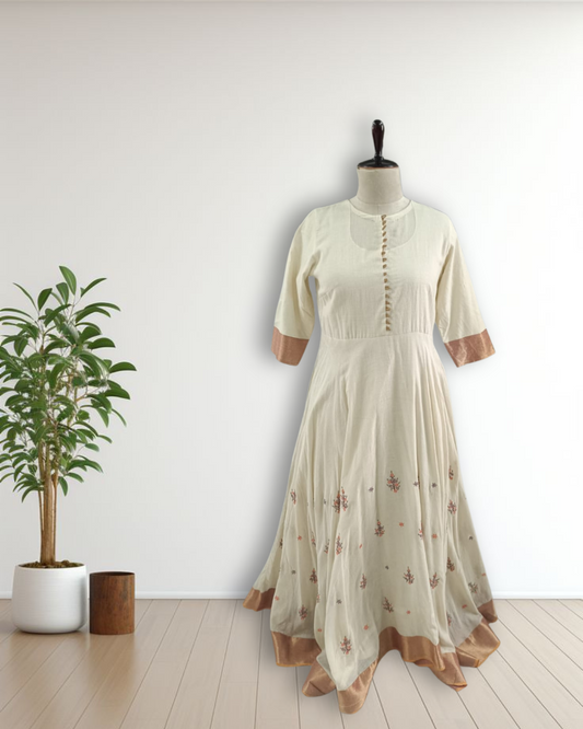 Ivory Pochampally Anarkali Dress with Machine Embroidery