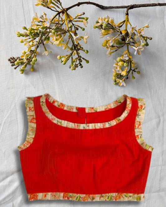 orange Sleeveless Blouse with Floral Trim – Pure Cotton | Adjustable Fit (S to XXL)