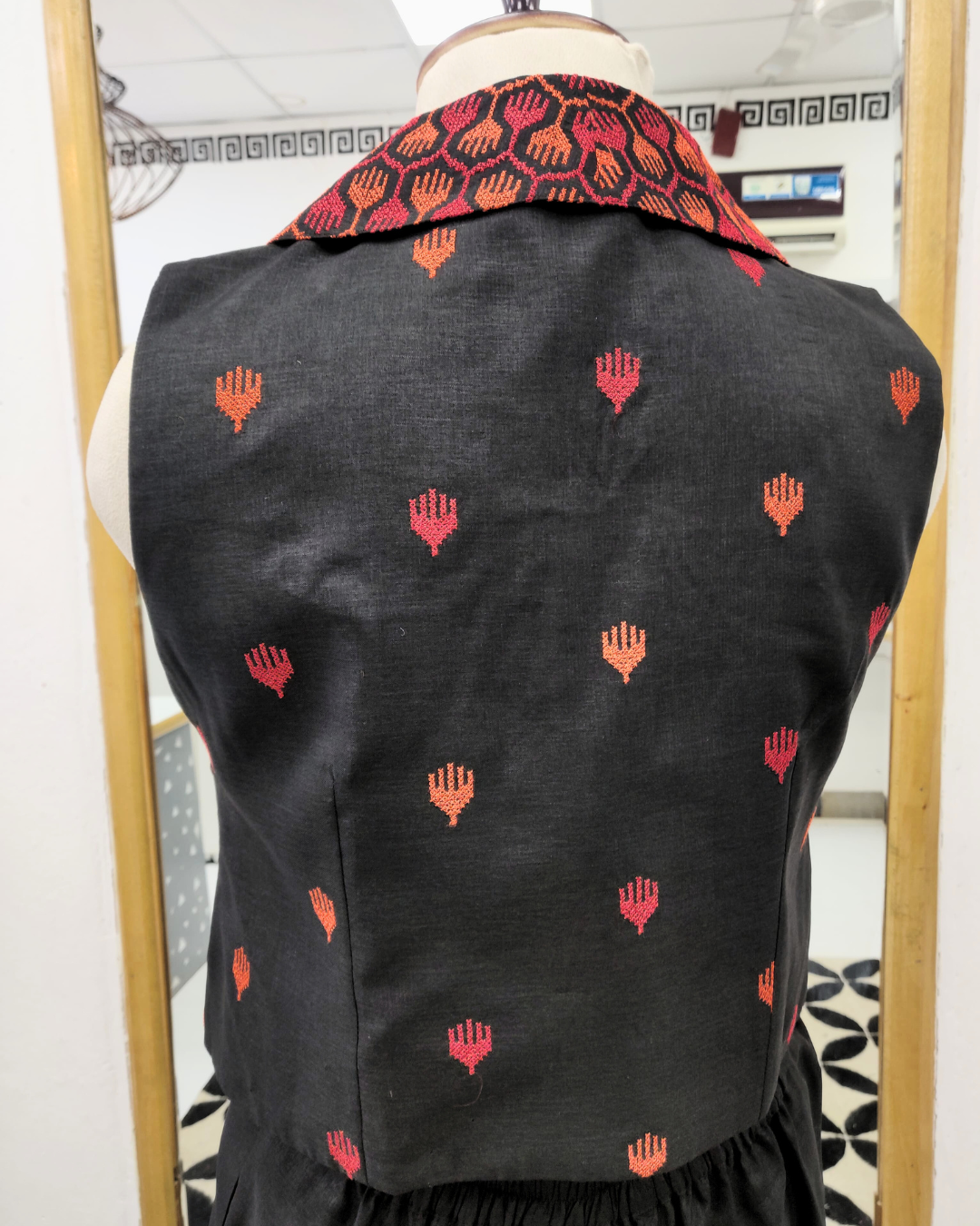 Black  Red Kutch Work Co-ord Set – Vest Coat & Wide-Leg Bottoms