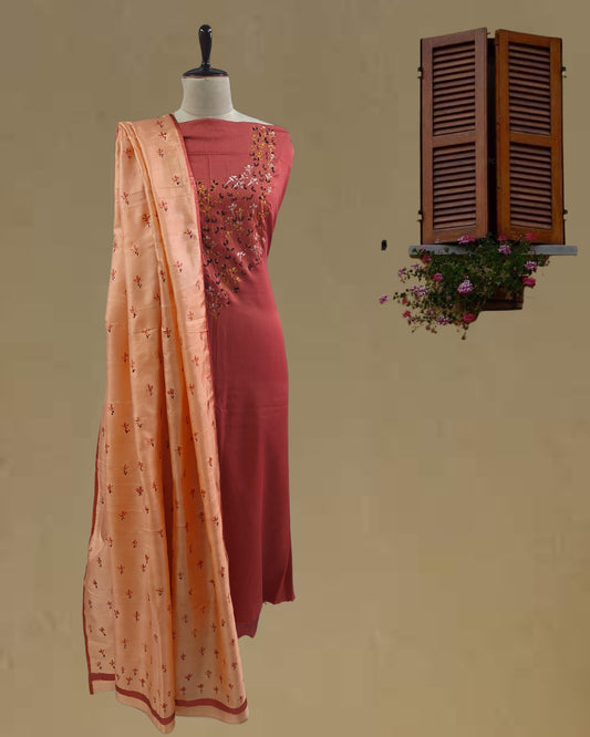 Hand-Painted Moonga Silk Dress Material Set with Tussar Silk Dupatta – Elegant Festive Wear