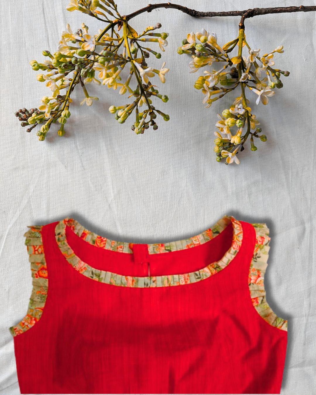 orange Sleeveless Blouse with Floral Trim – Pure Cotton | Adjustable Fit (S to XXL)