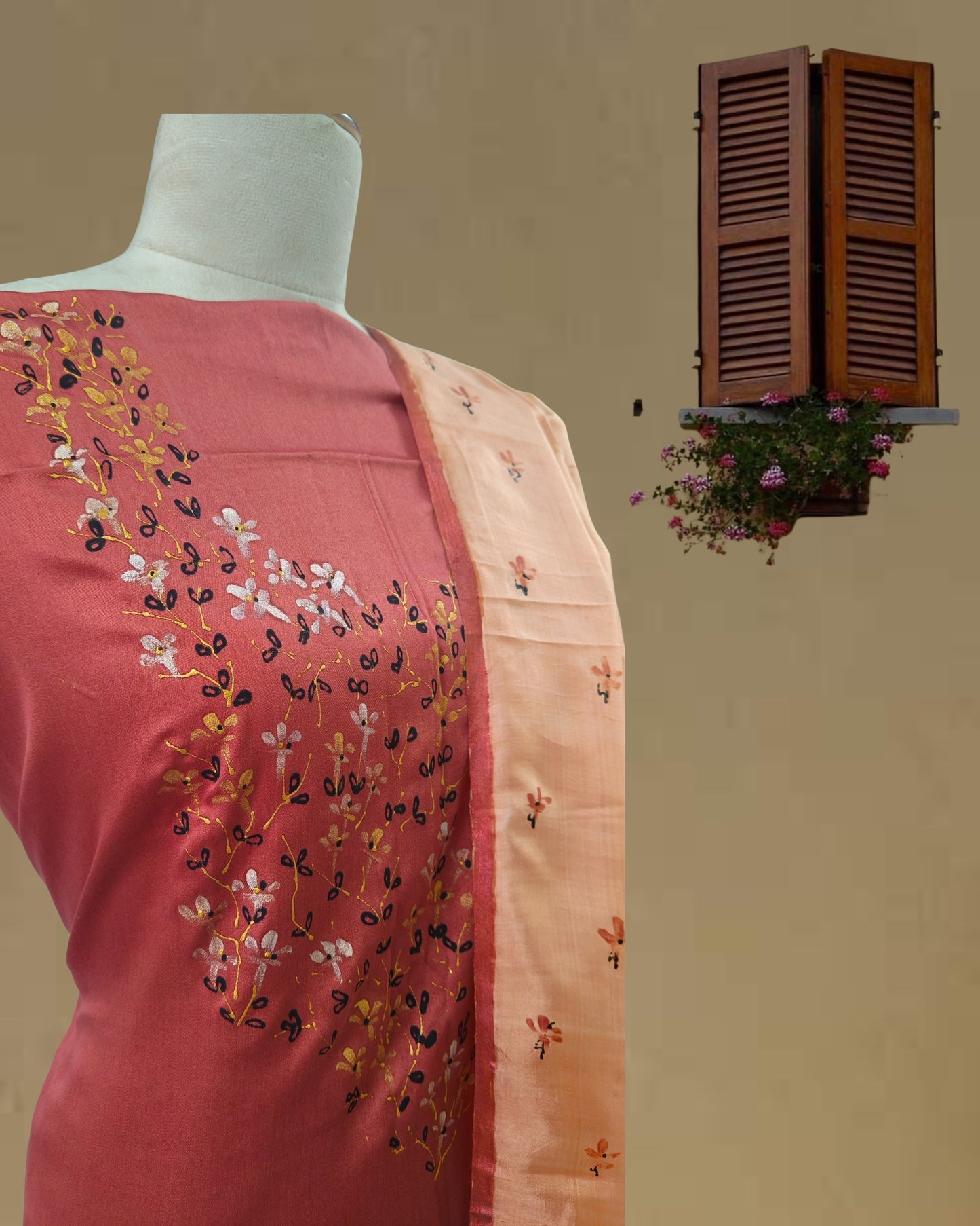 Hand-Painted Moonga Silk Dress Material Set with Tussar Silk Dupatta – Elegant Festive Wear