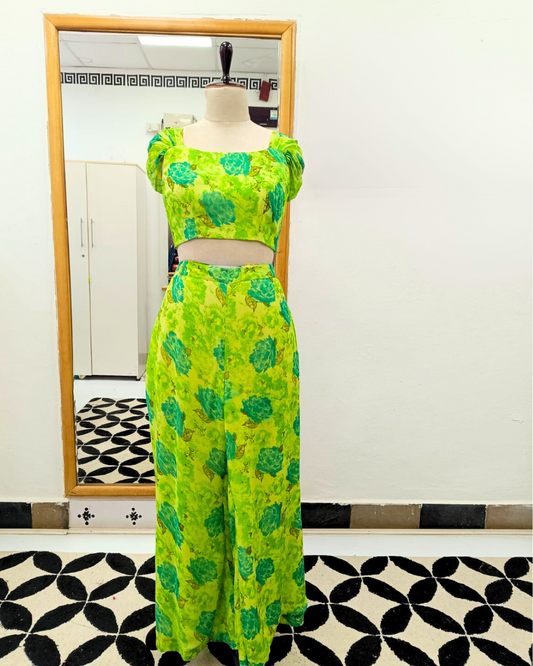Lime Green Floral Chiffon Co-ord Set – Trendy Sleeve Crop Top & Flared Pants