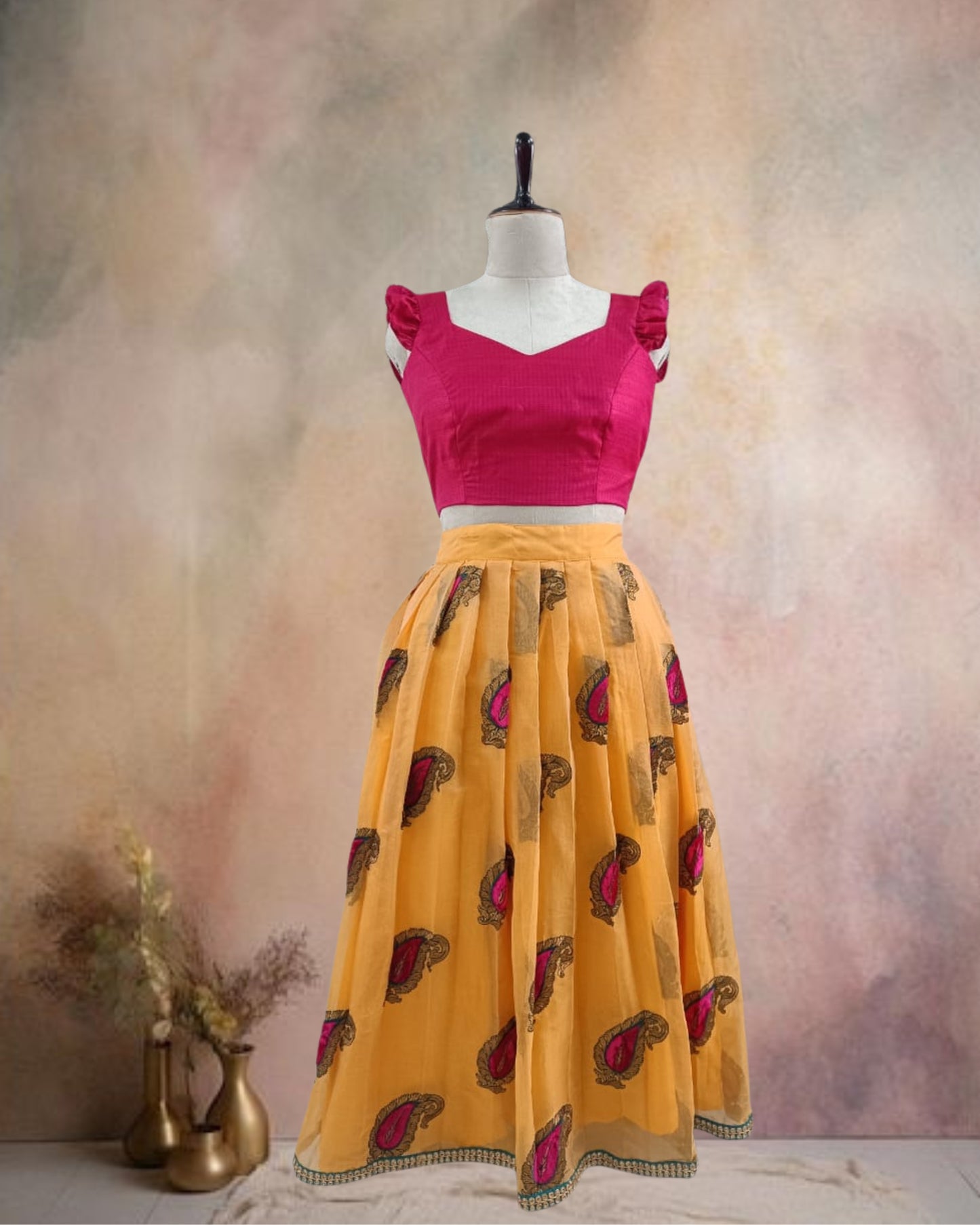 Girls Lehenga Set with Silk Blouse & Banaras Organza Skirt (Age 11–14 Years)