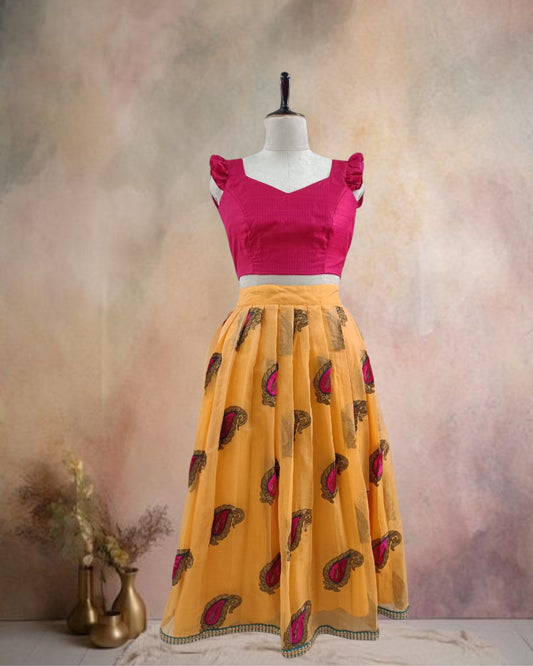 Girls Lehenga Set with Silk Blouse & Banaras Organza Skirt (Age 11–14 Years)