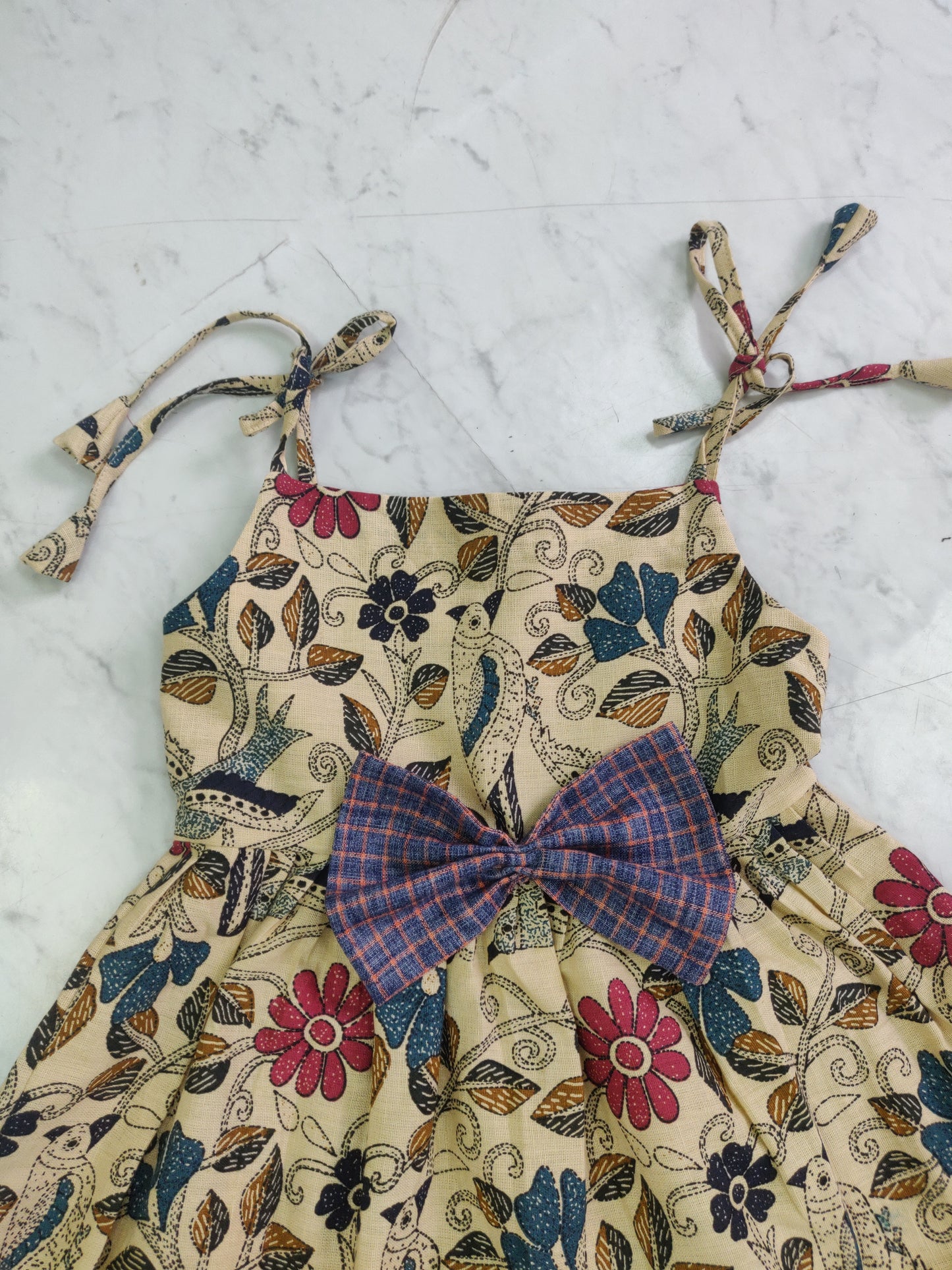 Handcrafted Baby Frock with Shoulder Ties &amp; Bow – Multicolor Floral Print (3-6 Months)