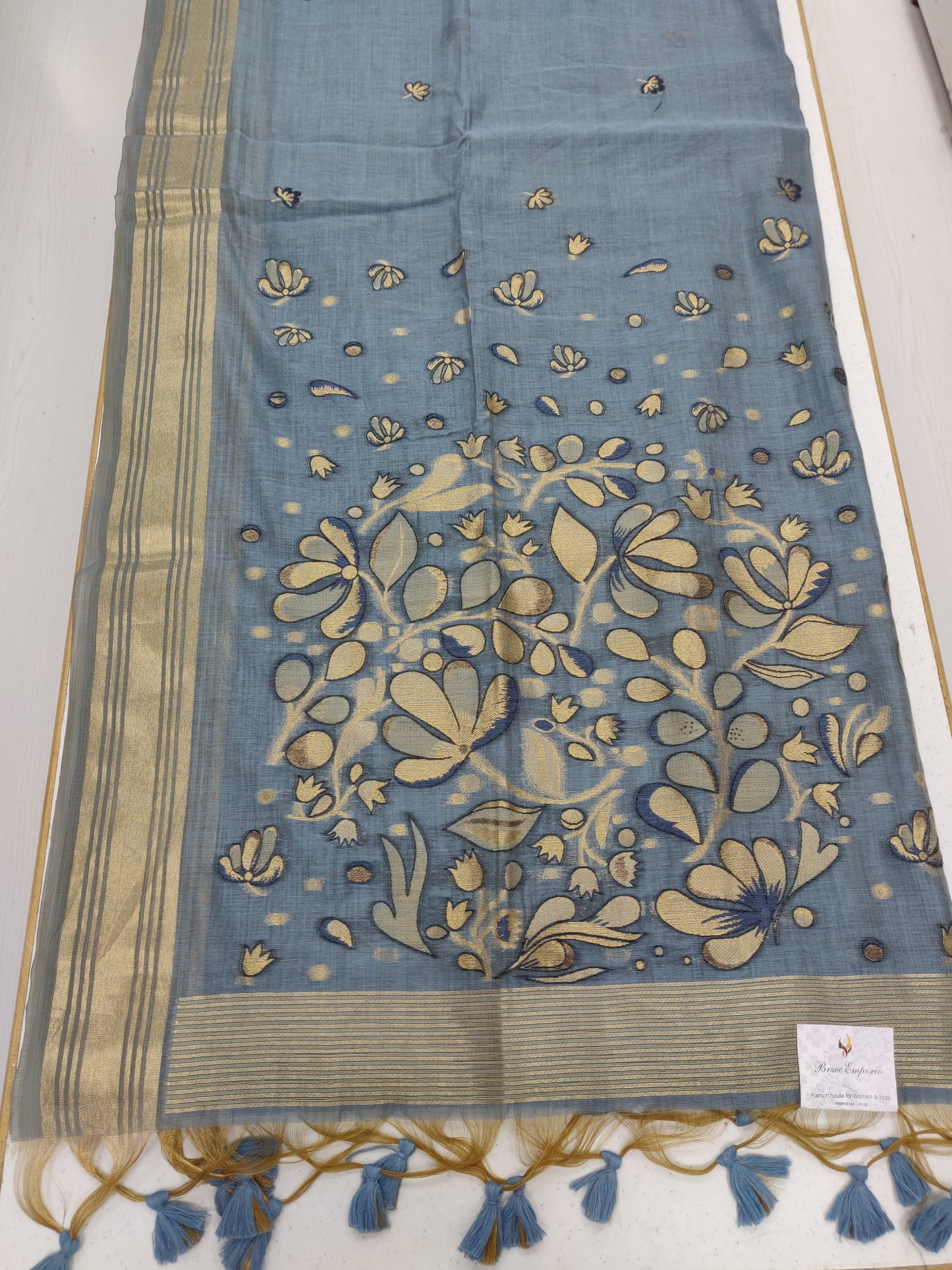 Blue Blossom Muga Cotton Silk Saree