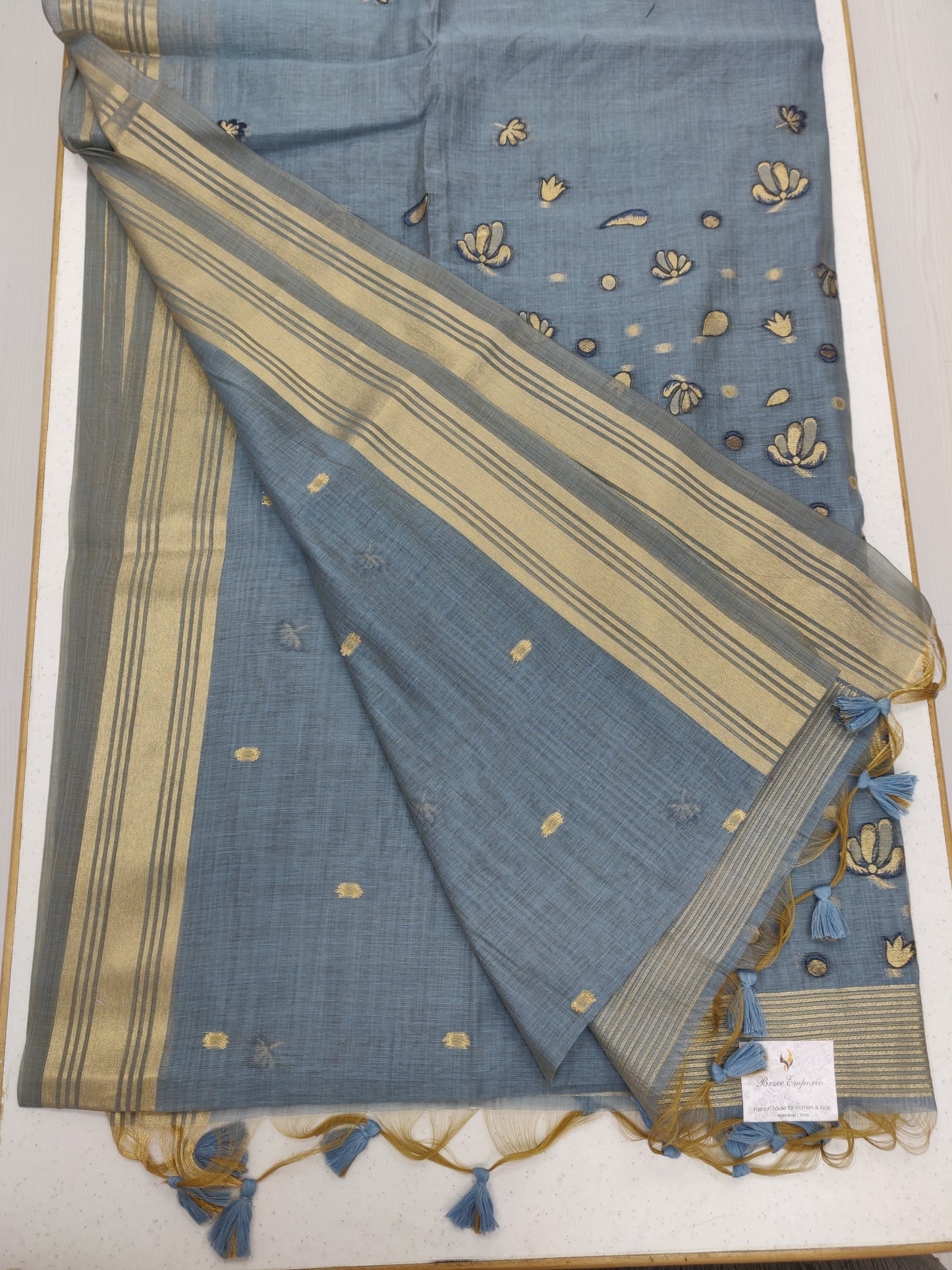 Blue Blossom Muga Cotton Silk Saree