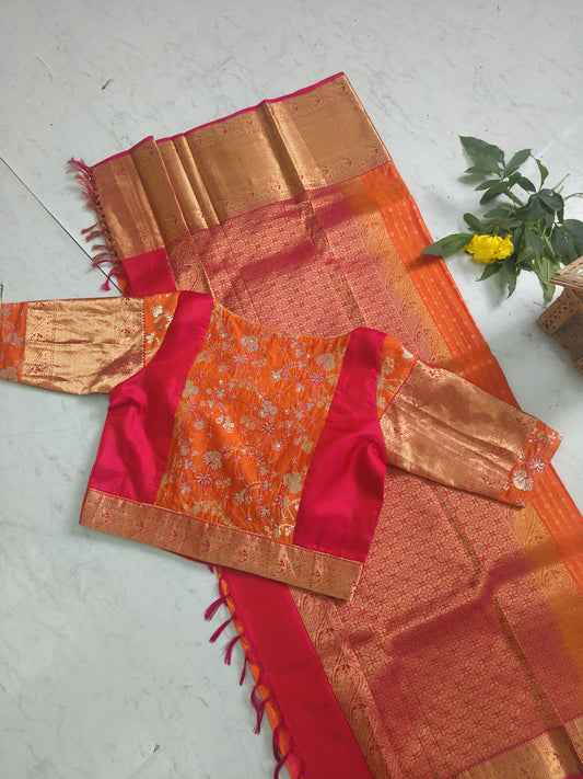 Orange & Pink Silk Saree with Rich Gold Zari