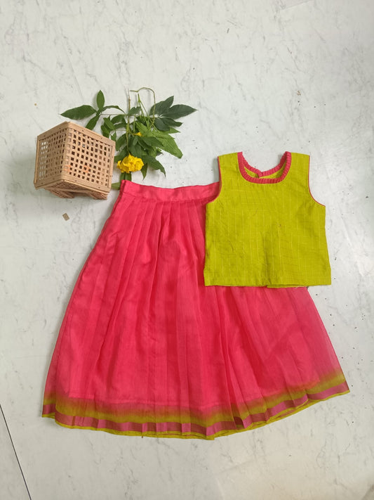 Lime Green Silk Blouse with Pink Lehenga Set