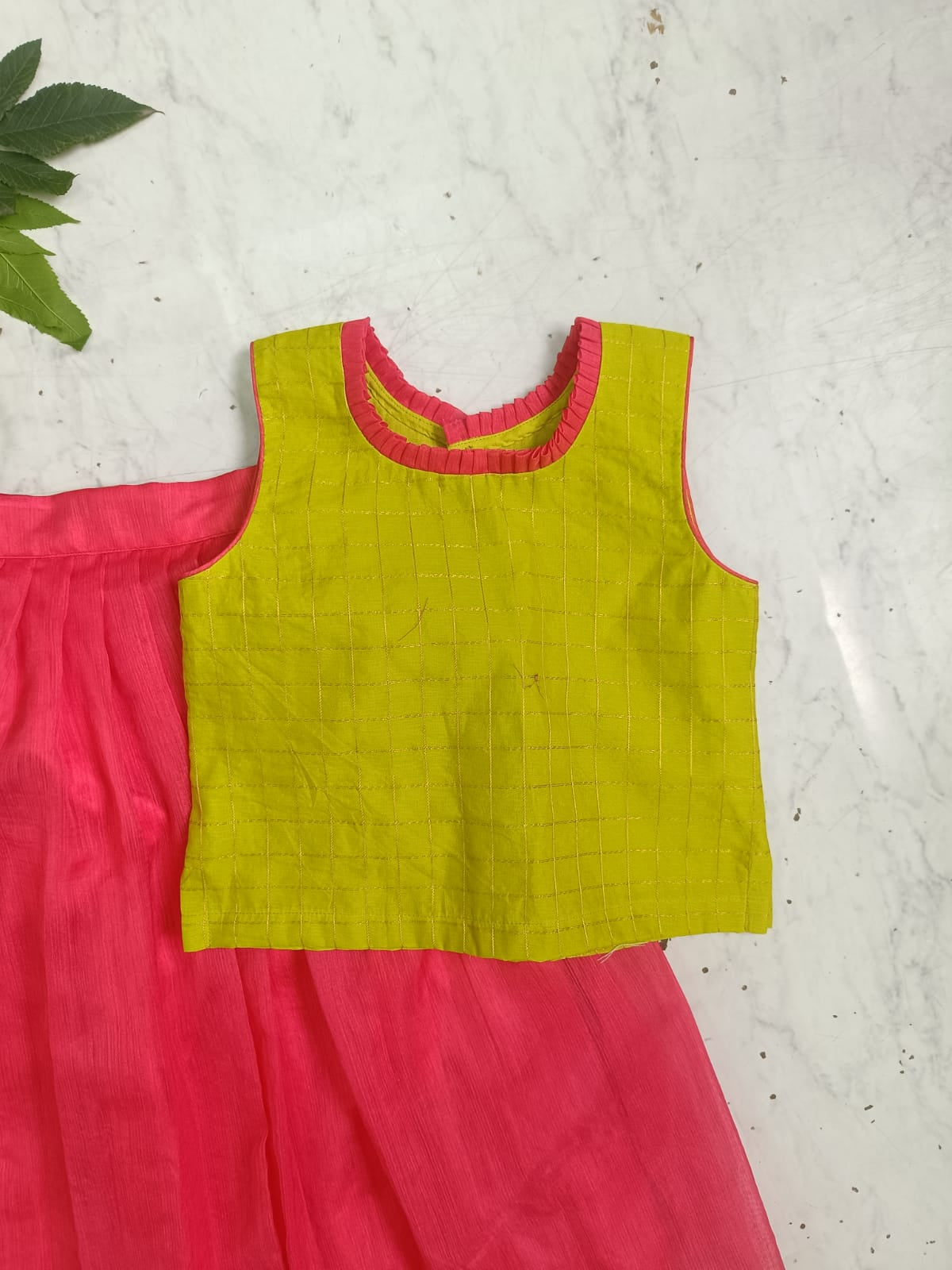 Lime Green Silk Blouse with Pink Lehenga Set