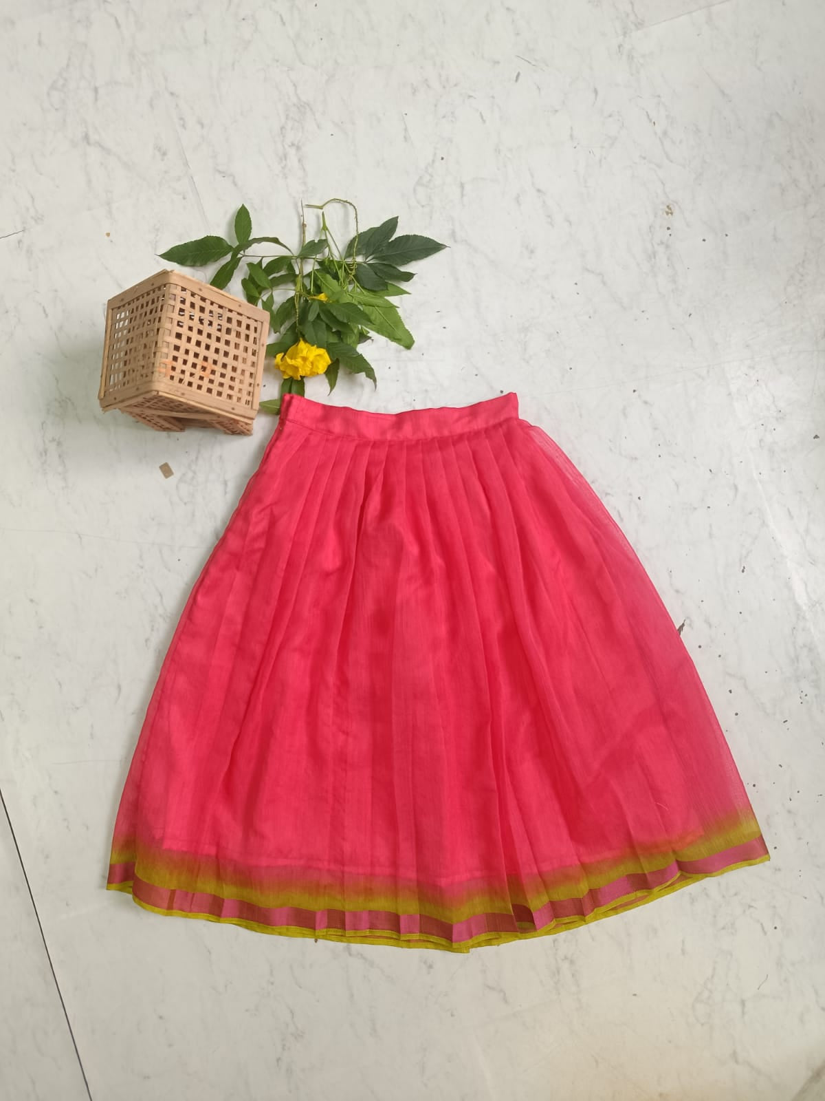 Lime Green Silk Blouse with Pink Lehenga Set