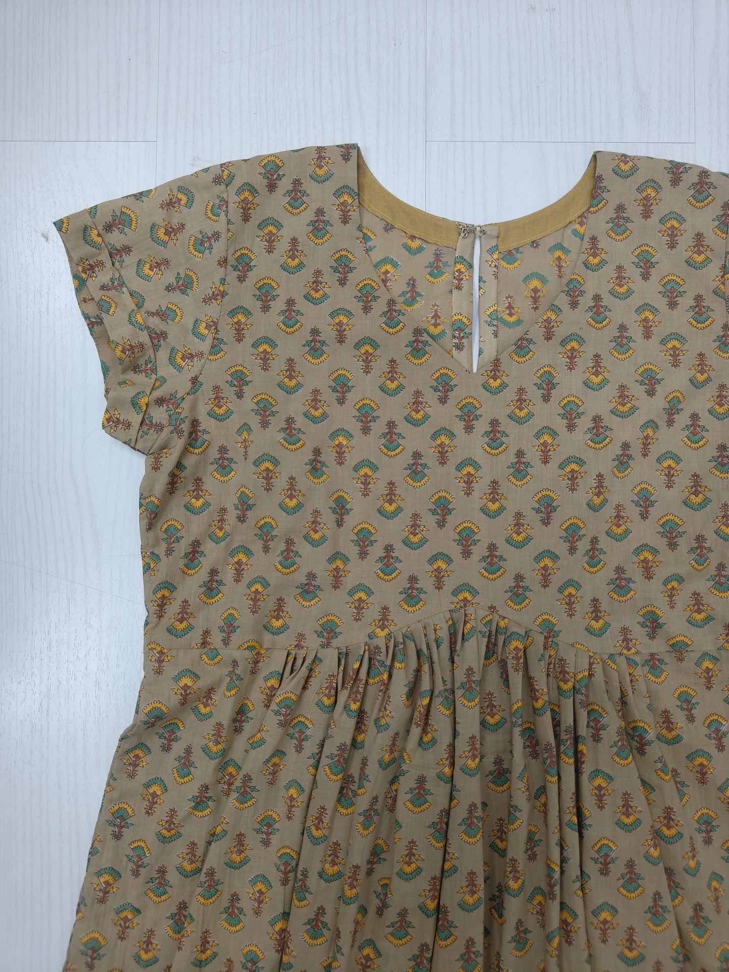 Beige Printed Cotton Kurti Dress