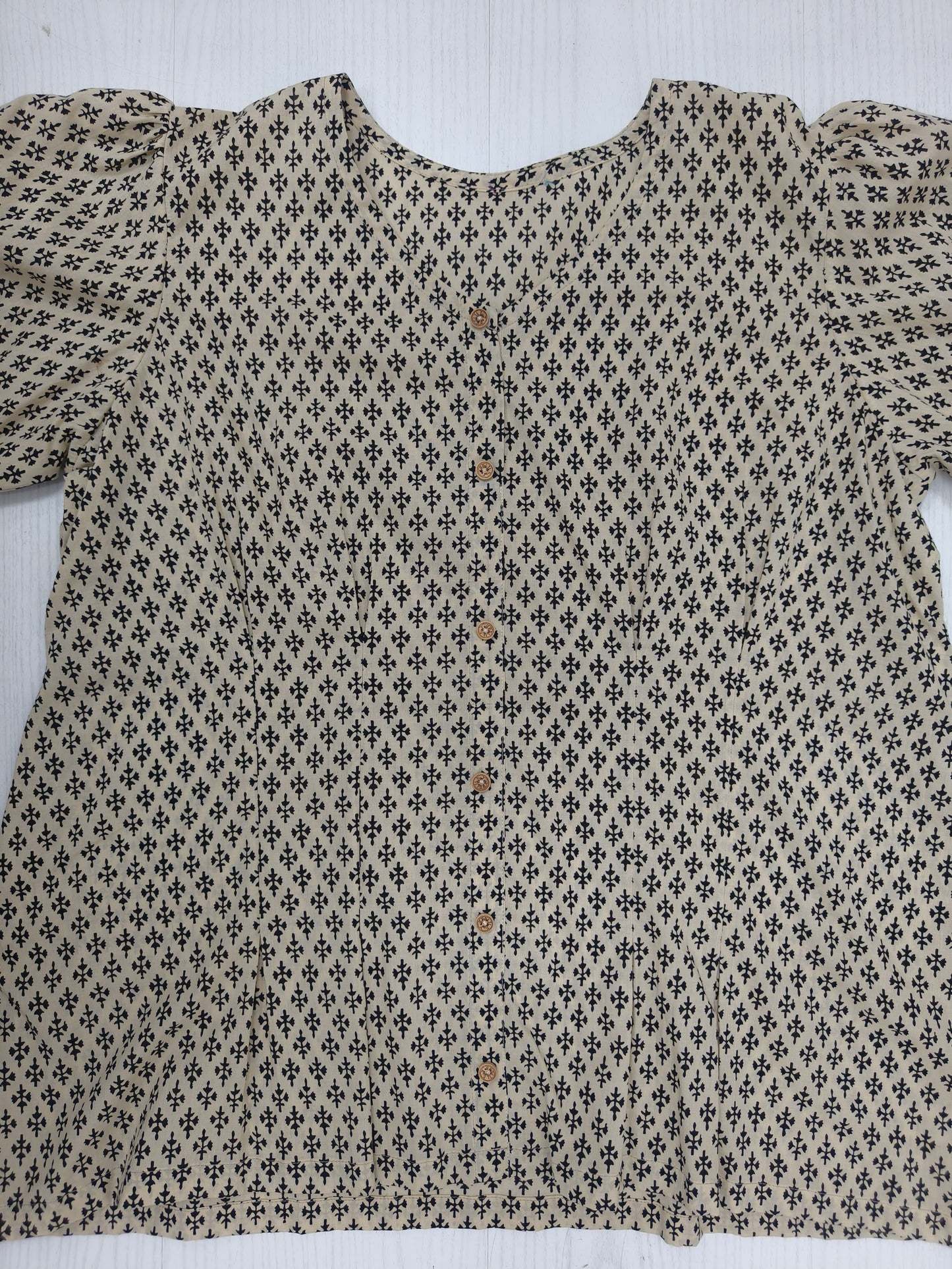Beige & Black Printed Cotton Kurti Top