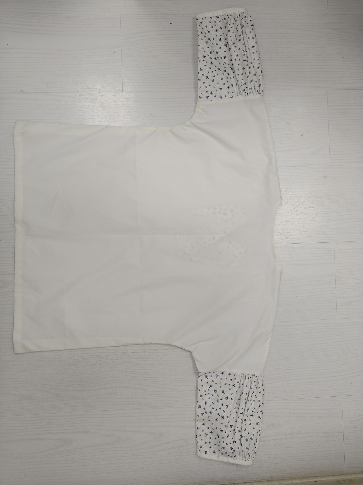 White Khadi Top with Printed Sleeves & Collar