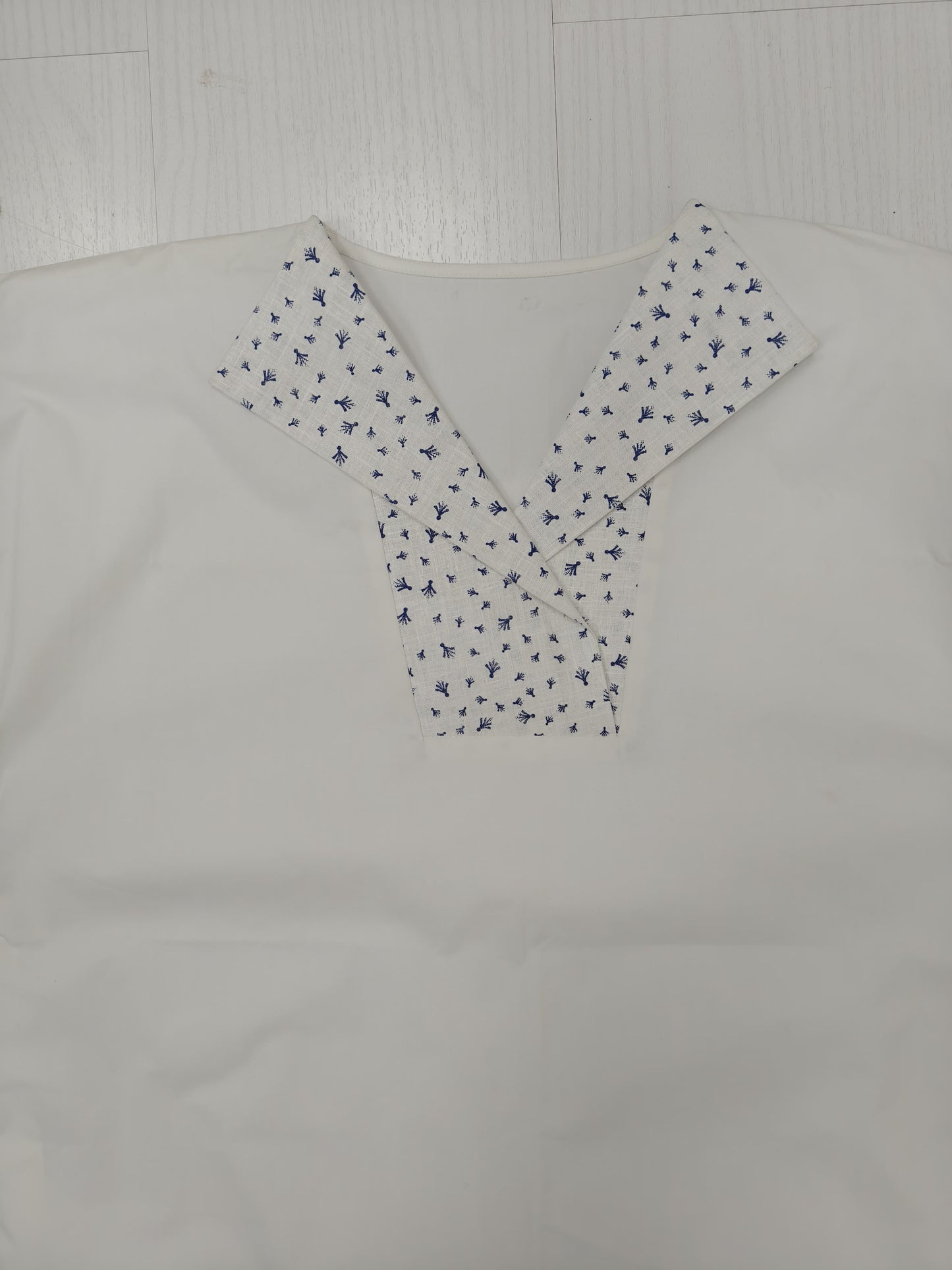 White Khadi Top with Printed Sleeves & Collar