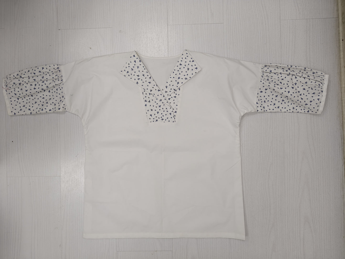 White Khadi Top with Printed Sleeves & Collar