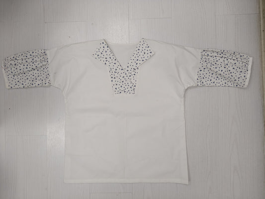 White Khadi Top with Printed Sleeves & Collar