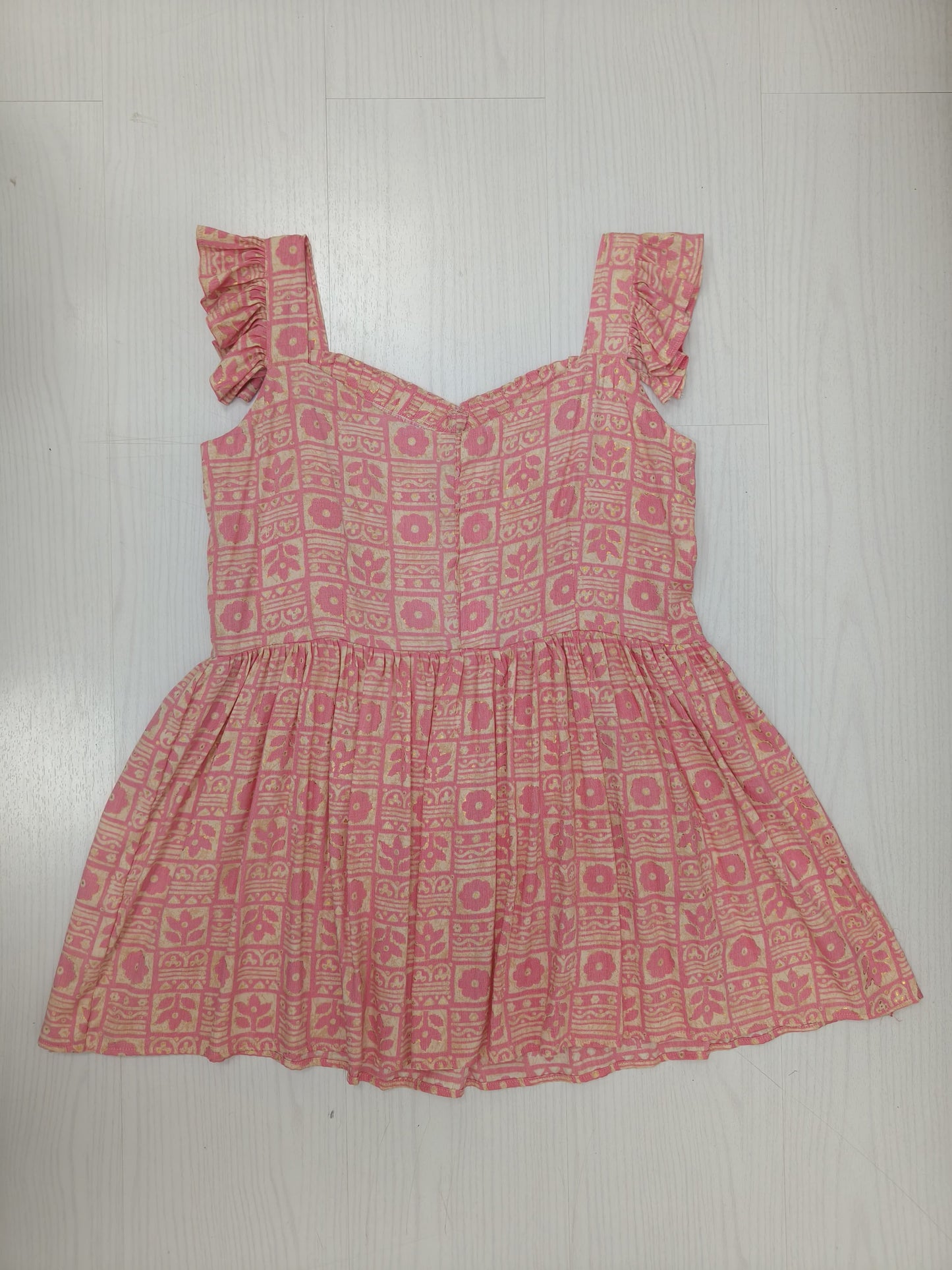 Pink Printed Rayon Dress with Ruffled Straps