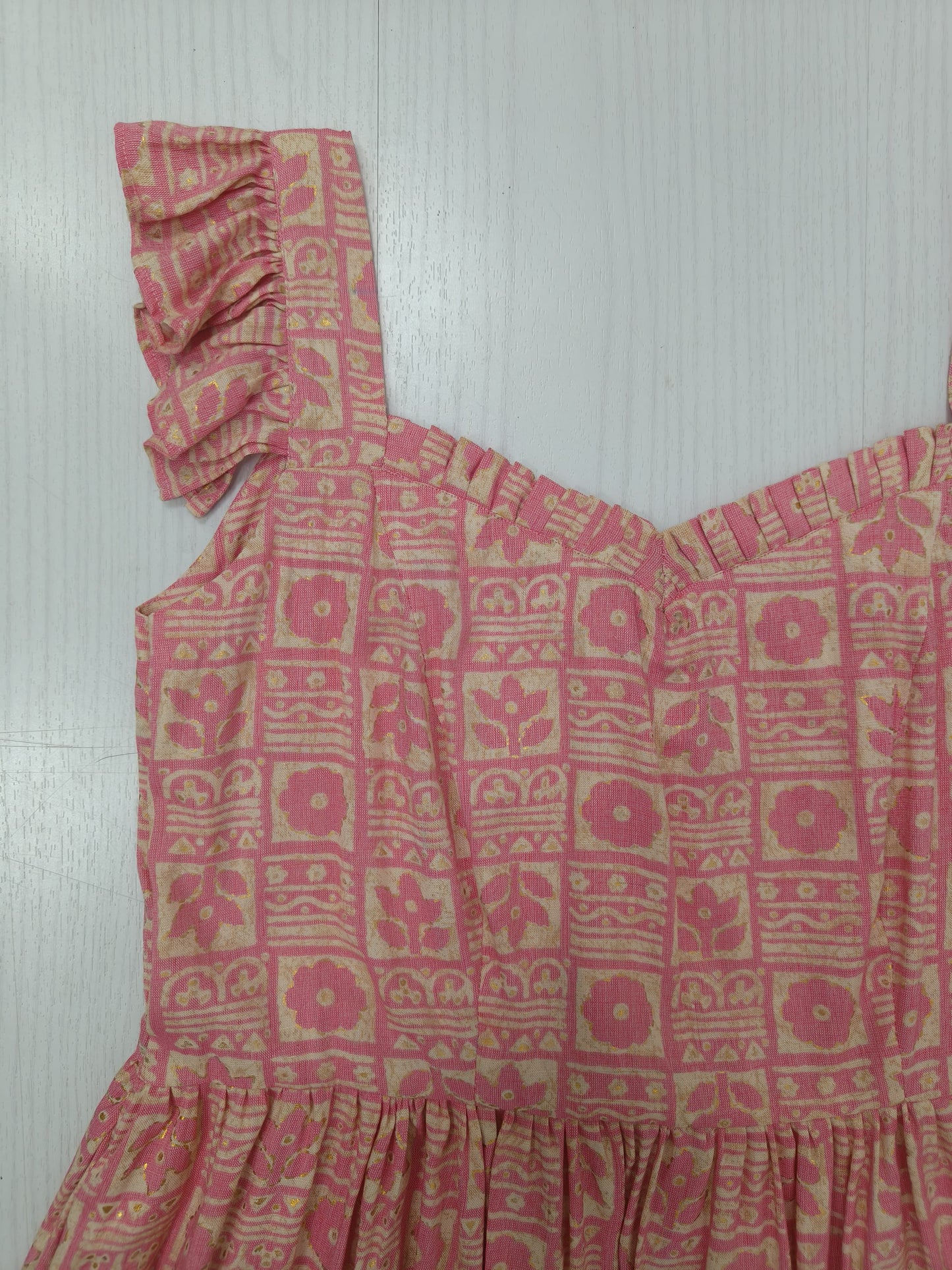 Pink Printed Rayon Dress with Ruffled Straps