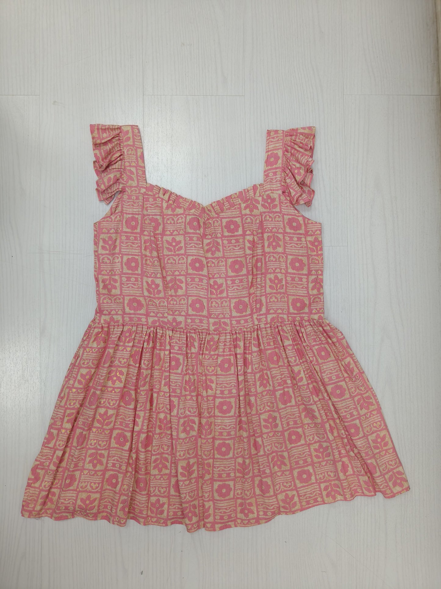 Pink Printed Rayon Dress with Ruffled Straps