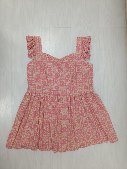Pink Printed Rayon Dress with Ruffled Straps