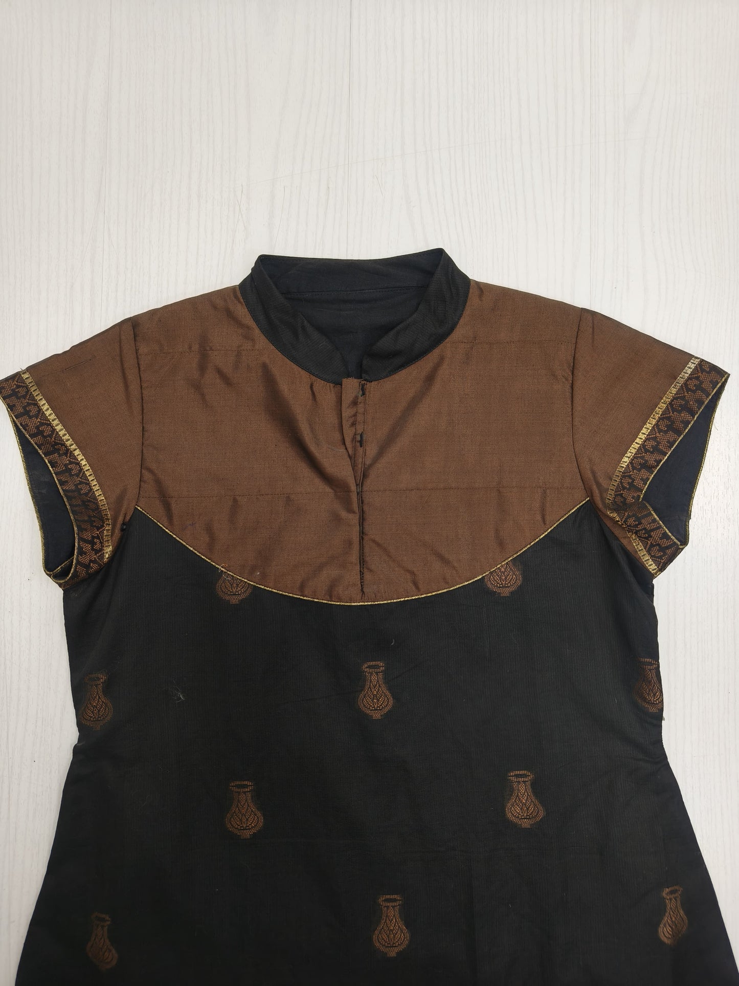 Black & Brown Cotton Kurti with Golden Accents