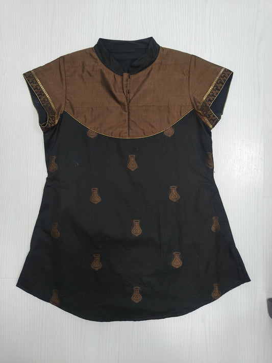 Black & Brown Cotton Kurti with Golden Accents