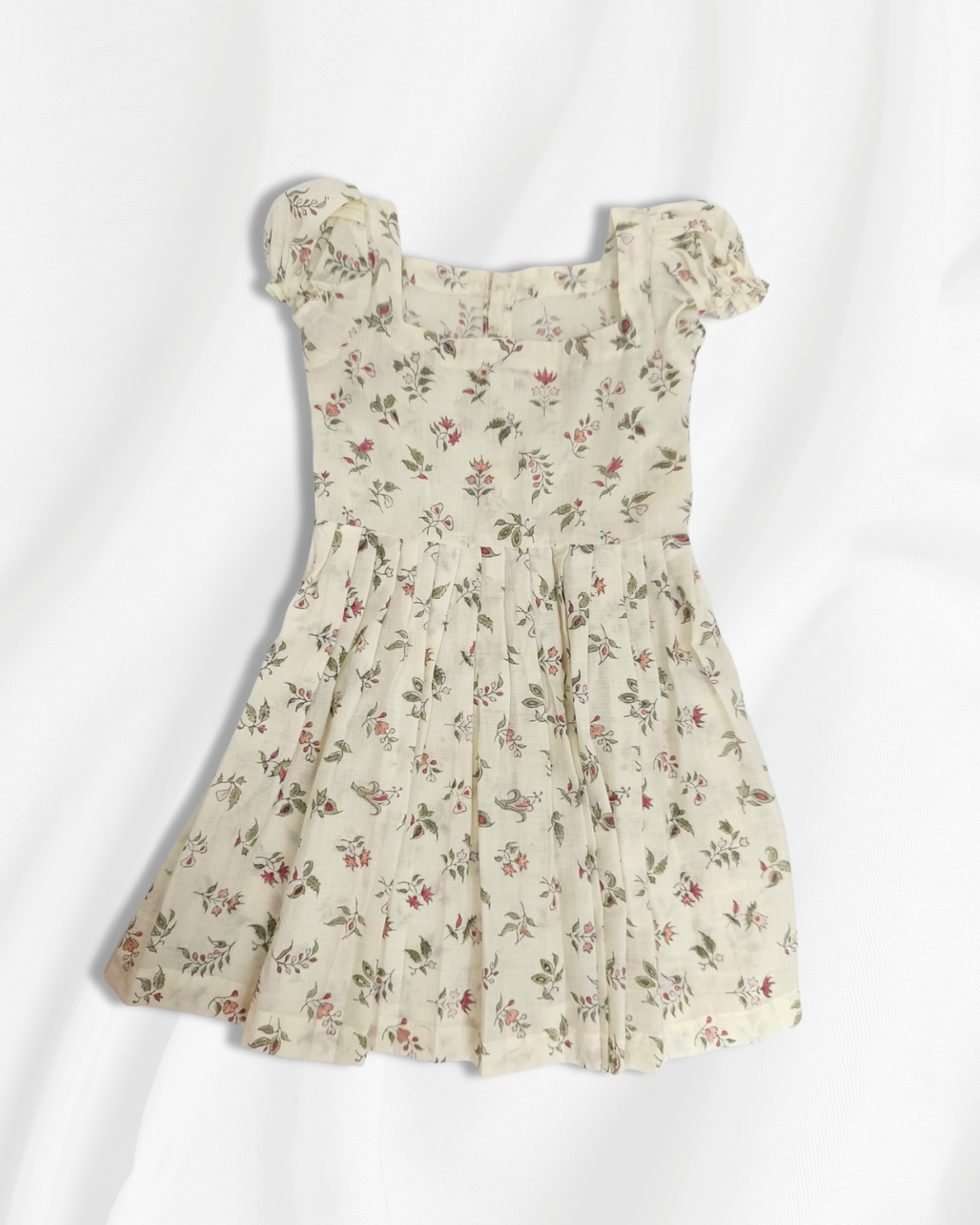 Floral Puff Sleeve Baby Girl Frock – Beige Cotton (3-6 Months)