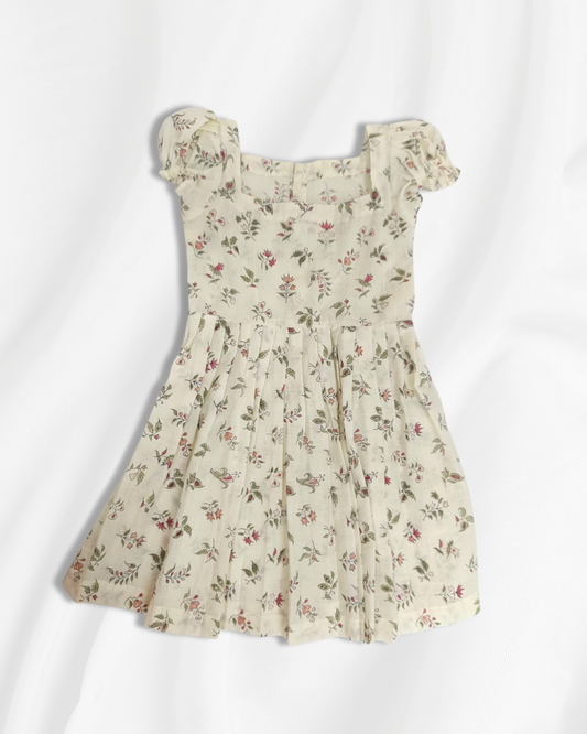 Floral Puff Sleeve Baby Girl Frock – Beige Cotton (3-6 Months)